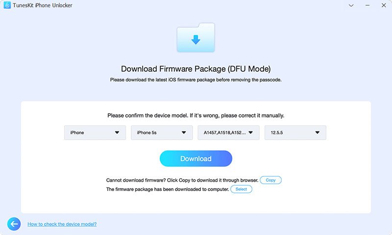 TunesKit Phone Unlocker interface for downloading iOS firmware in DFU mode. Dropdowns for selecting iPhone model, blue 'Download' button centered.