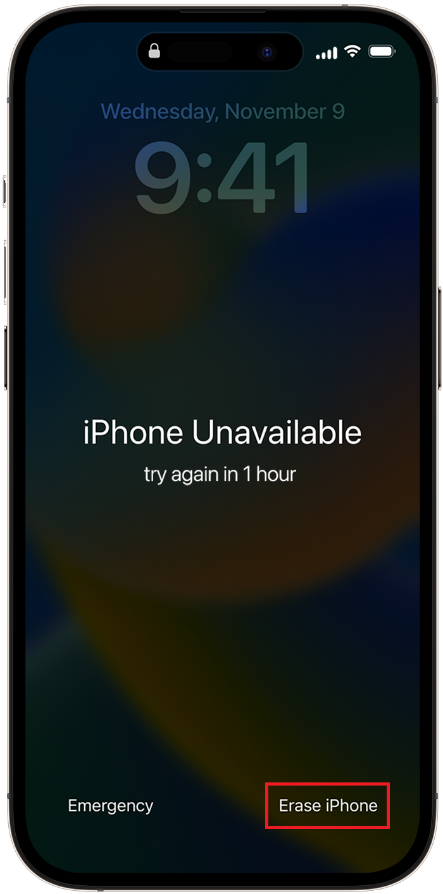 Lock screen showing date and time, with a message saying "iPhone Unavailable, try again in 1 hour." Options for "Emergency" and "Erase iPhone."
