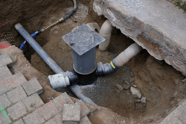 A close-up of an open sewer manhole under construction, surrounded by dirt and exposed pipes. Paving stones are scattered around, indicating ongoing work.