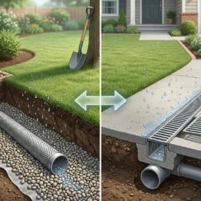 Illustration showing a drainage comparison: left side has subsurface drain with gravel and perforated pipe; right side features surface drain with grate on a driveway.