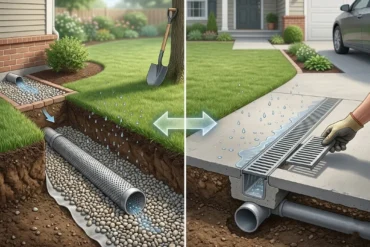 Illustration showing a drainage comparison: left side has subsurface drain with gravel and perforated pipe; right side features surface drain with grate on a driveway.
