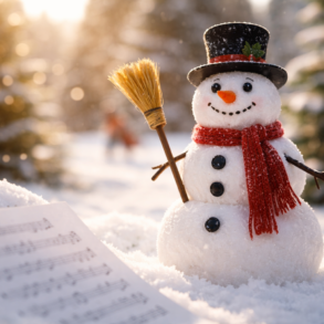 Frosty the Snowman Lyrics holiday article feature image with classic winter snowman scene