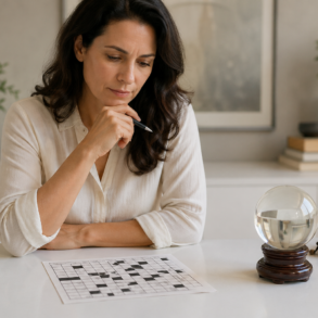 Futures Experts NYT crossword clue answer showing a puzzle grid and a thoughtful solver