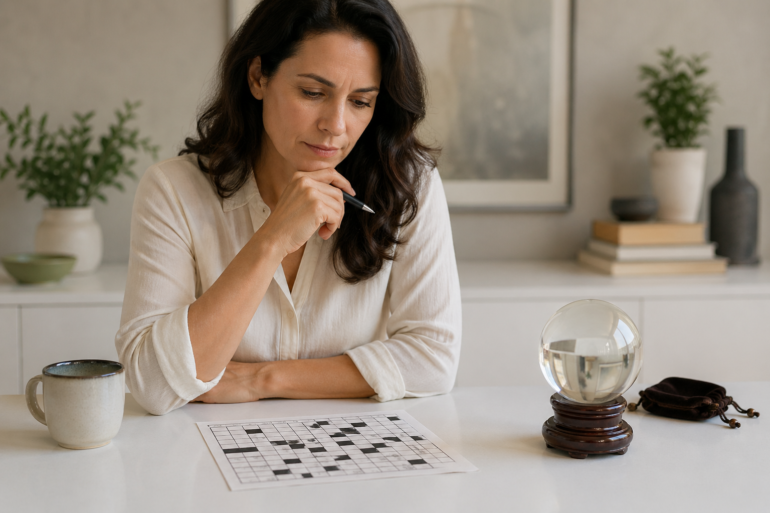 Futures Experts NYT crossword clue answer showing a puzzle grid and a thoughtful solver