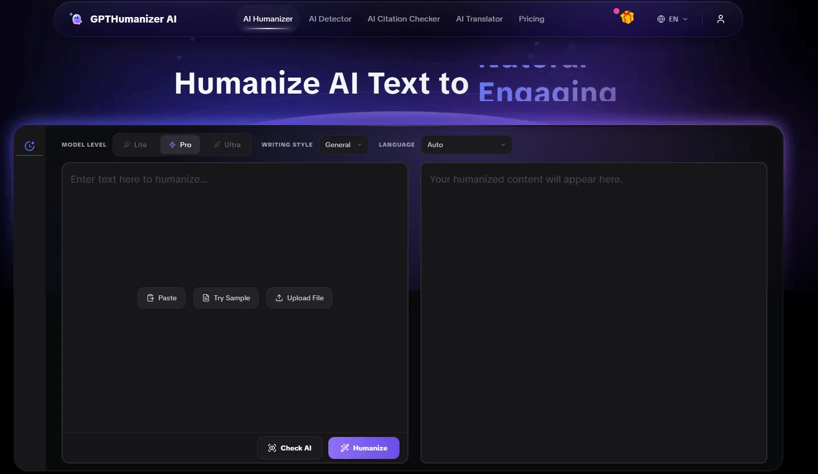 Screenshot of GPTHumanizer AI interface with options to humanize AI text, including model level, writing style, language, and text input/output panels.