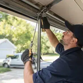 Technician performing Garage Door Cable Replacement Near Me service during an emergency garage door repair visit