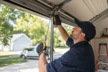 Technician performing Garage Door Cable Replacement Near Me service during an emergency garage door repair visit