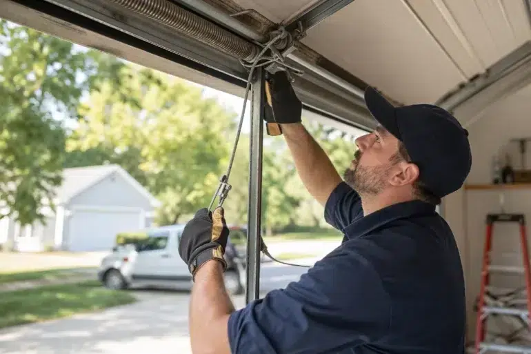 Technician performing Garage Door Cable Replacement Near Me service during an emergency garage door repair visit