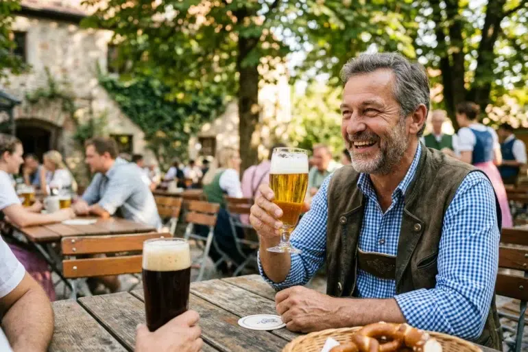 German Beer served in traditional glasses showing pilsner, hefeweizen, dunkel, and other classic German beer styles