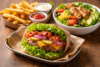 Gluten Free Fast Food meal with a bunless burger, fries, and salad at a popular chain