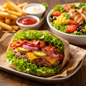 Gluten Free Fast Food meal with a bunless burger, fries, and salad at a popular chain