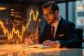 A man in a suit and glasses is writing in a notebook at a sleek, modern desk. A glowing digital stock chart is projected in front of him, conveying focus and professionalism.
