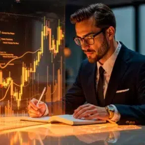 A man in a suit and glasses is writing in a notebook at a sleek, modern desk. A glowing digital stock chart is projected in front of him, conveying focus and professionalism.