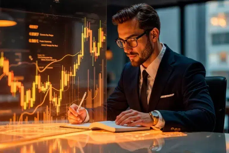 A man in a suit and glasses is writing in a notebook at a sleek, modern desk. A glowing digital stock chart is projected in front of him, conveying focus and professionalism.