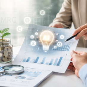 HMRC R&D Tax Claim Transparency AI concept showing UK business tax compliance, R&D claim documents, analytics dashboard, and finance review meeting