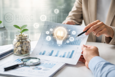 HMRC R&D Tax Claim Transparency AI concept showing UK business tax compliance, R&D claim documents, analytics dashboard, and finance review meeting