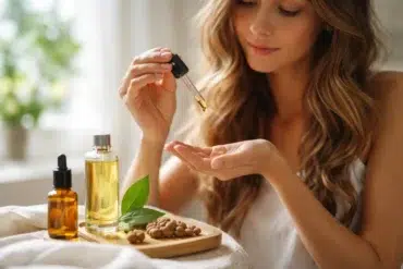 Hair Oil With Jojoba applied to dry and frizzy hair for softness and shine