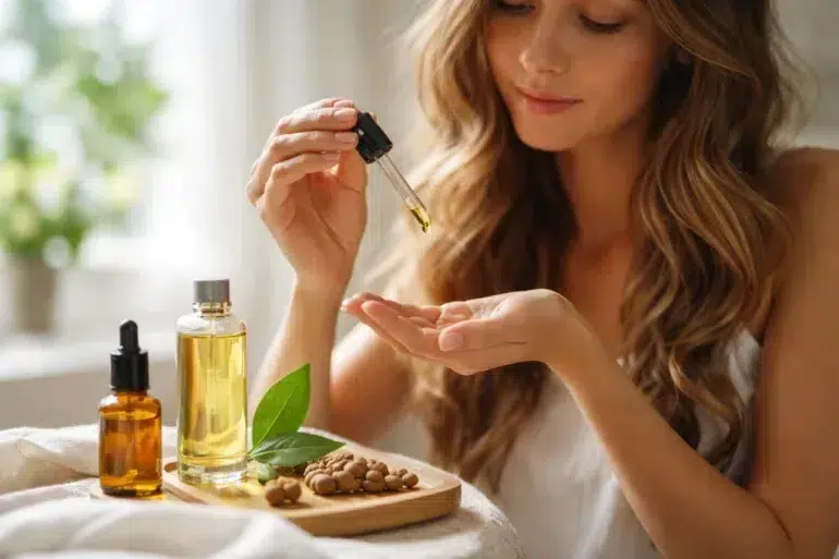 Hair Oil With Jojoba applied to dry and frizzy hair for softness and shine