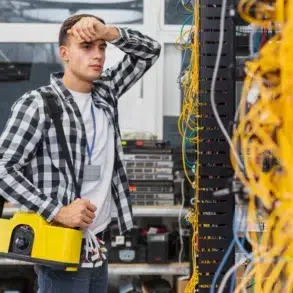 A man in a checkered shirt stands in a server room holding a large yellow device, looking thoughtful. Tangled yellow cables fill the right side.