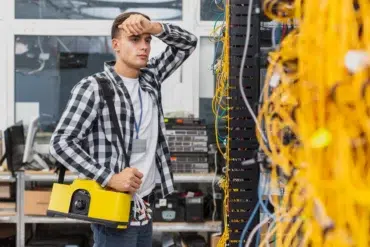 A man in a checkered shirt stands in a server room holding a large yellow device, looking thoughtful. Tangled yellow cables fill the right side.
