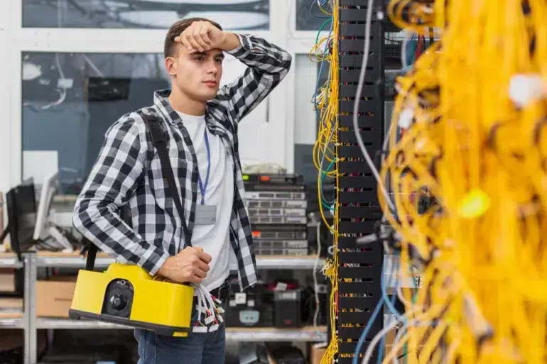 A man in a checkered shirt stands in a server room holding a large yellow device, looking thoughtful. Tangled yellow cables fill the right side.