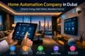 Hands using a tablet to control smart home features like lighting, climate, security, and entertainment in a modern living room with Dubai skyline view.