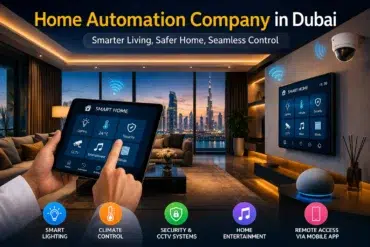 Hands using a tablet to control smart home features like lighting, climate, security, and entertainment in a modern living room with Dubai skyline view.