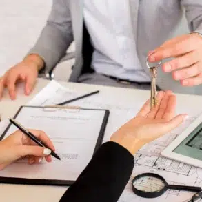 A person hands keys to another over a desk filled with house plans, documents, a tablet showing a blueprint, a pen, and a small house model.