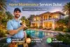 Home maintenance services in Dubai offering repairs, plumbing, electrical, AC, and handyman care with a technician holding a drill by a luxury home pool.