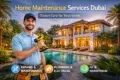 Home maintenance services in Dubai offering repairs, plumbing, electrical, AC, and handyman care with a technician holding a drill by a luxury home pool.