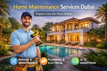 Home maintenance services in Dubai offering repairs, plumbing, electrical, AC, and handyman care with a technician holding a drill by a luxury home pool.