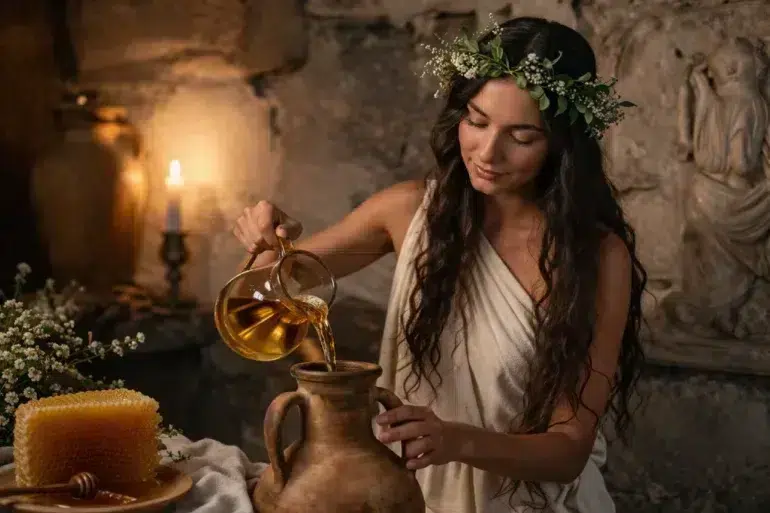 Honey Wine and Mead served in elegant glasses with honeycomb, fruit, and a rustic dining table setting