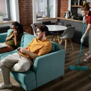 Two people sit on a teal sofa; one uses a laptop, the other plays video games. In the background, another person mops the modern kitchen floor. Casual and relaxed setting.