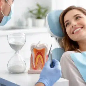 A dental professional performing a root canal procedure on a patient to explain how long does a root canal take.