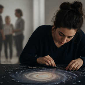 Hyperfiksaatio illustrated by a woman deeply focused on writing at a desk