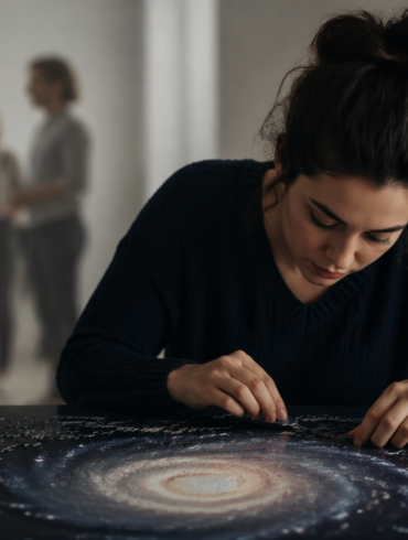 Hyperfiksaatio illustrated by a woman deeply focused on writing at a desk