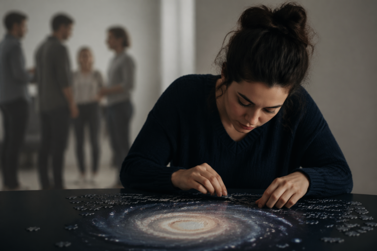 Hyperfiksaatio illustrated by a woman deeply focused on writing at a desk