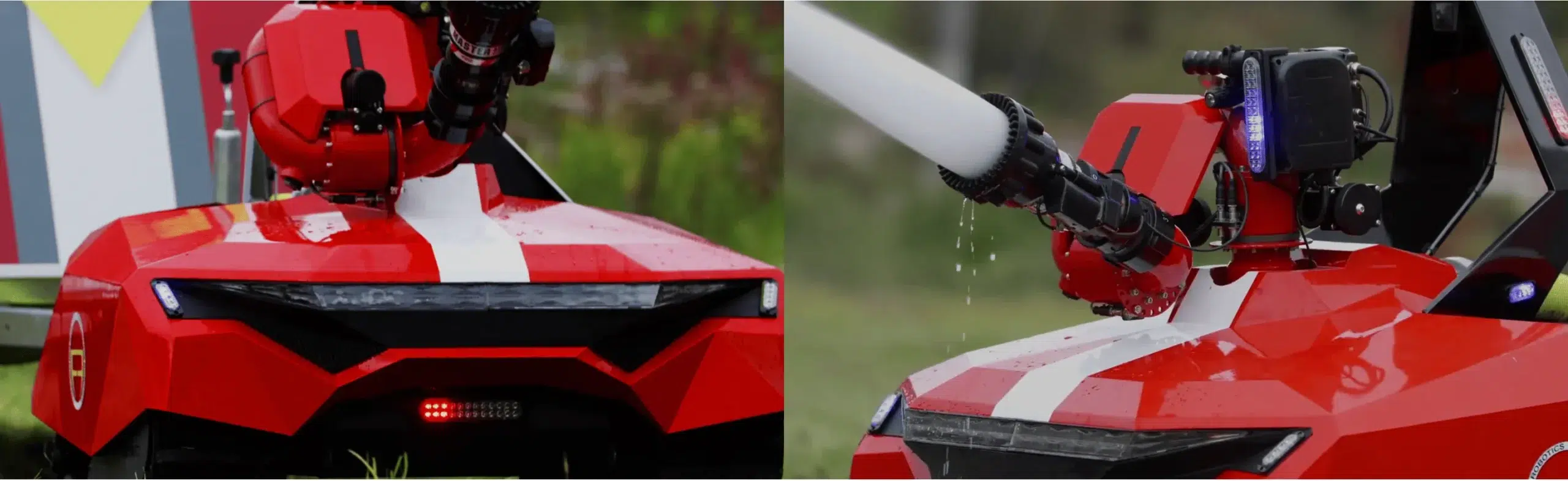 Red robotic firefighting vehicle with a white stripe, featuring water nozzles, sleek design, and LED lights, set outdoors with greenery in the background.