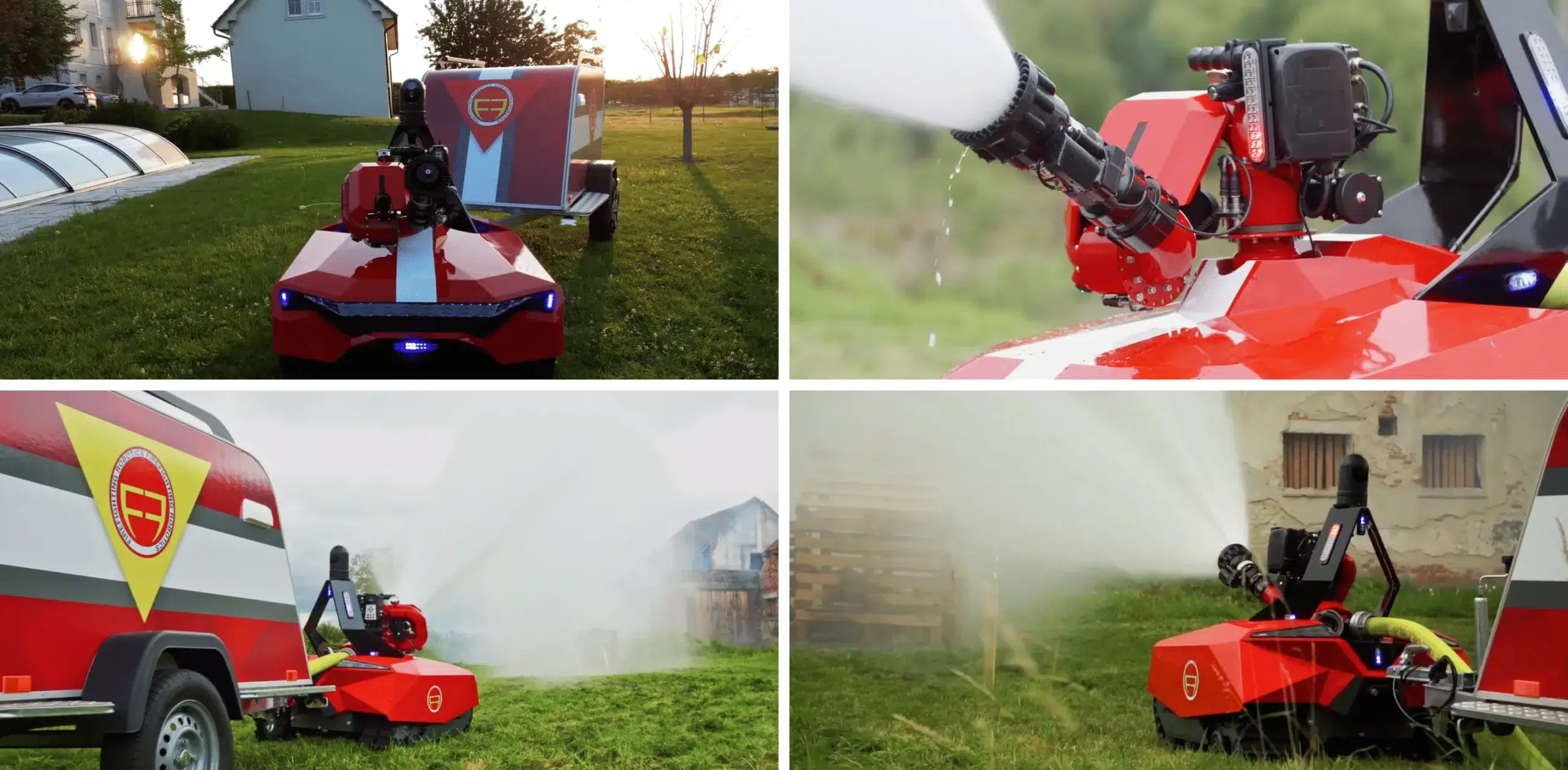 A red fire-fighting robot with a water cannon operates in a grassy field. It sprays water, exhibiting power and precision, against a backdrop of trees and buildings.