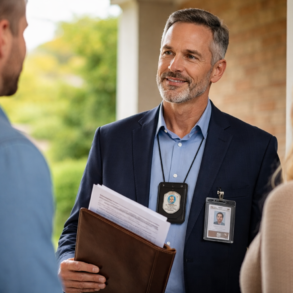 IRS Agent Taxpayer Home Visits meeting at a taxpayer’s front door with official documents