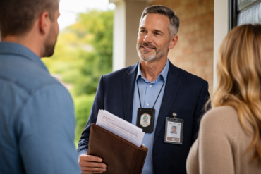 IRS Agent Taxpayer Home Visits meeting at a taxpayer’s front door with official documents