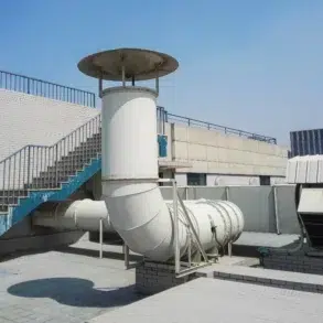 Rooftop scene with industrial ventilation pipes and exhaust systems against a clear blue sky. A staircase with a blue railing is on the left.