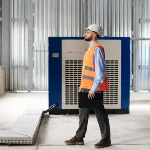 A man wearing a hard hat and orange safety vest inspects industrial equipment in a modern facility. He holds a black folder, appearing focused.