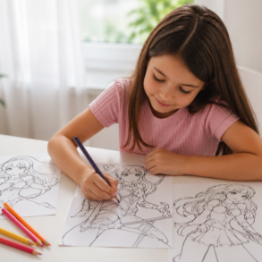 K Pop Demon Hunters Coloring Pages featuring kids coloring fantasy K-pop inspired characters at home