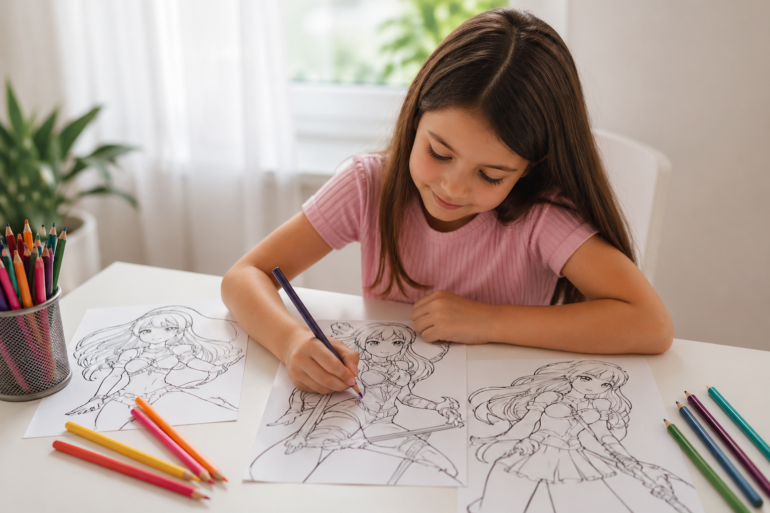 K Pop Demon Hunters Coloring Pages featuring kids coloring fantasy K-pop inspired characters at home