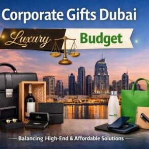 Corporate gifts ad featuring a Dubai skyline at sunset. Includes luxury items like a leather briefcase and wine, and budget items like a tote bag and notebook.