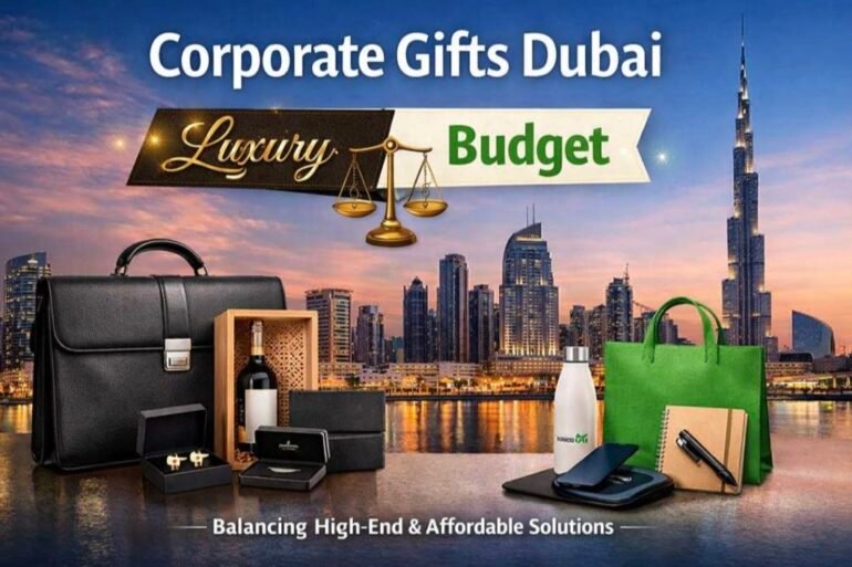 Corporate gifts ad featuring a Dubai skyline at sunset. Includes luxury items like a leather briefcase and wine, and budget items like a tote bag and notebook.