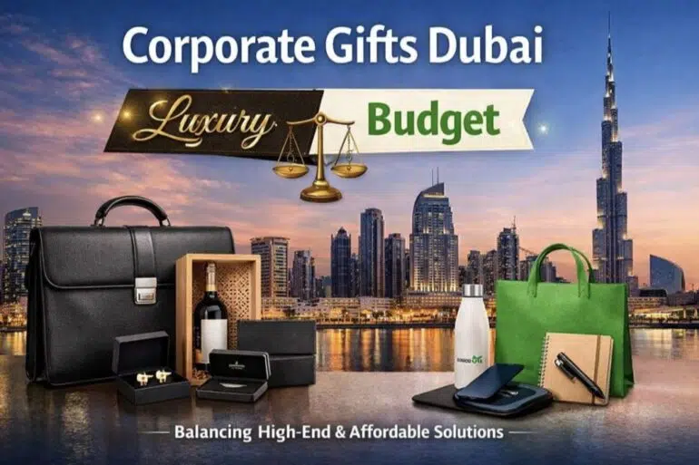 Corporate gifts ad featuring a Dubai skyline at sunset. Includes luxury items like a leather briefcase and wine, and budget items like a tote bag and notebook.