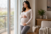 Pregnant woman wearing comfortable maternity leggings while relaxing at home