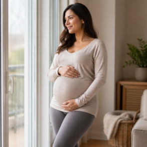 Pregnant woman wearing comfortable maternity leggings while relaxing at home